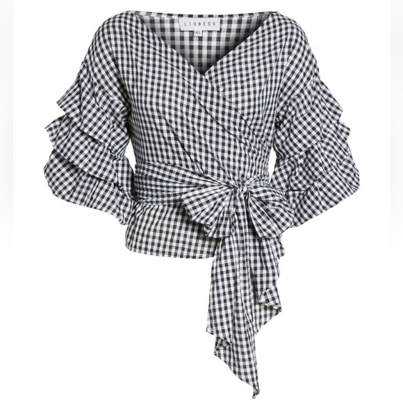 Lioness Women Esmeralda Wrap Top Gingham Black White Check Front Tie XS Stylish - Picture 2 of 15